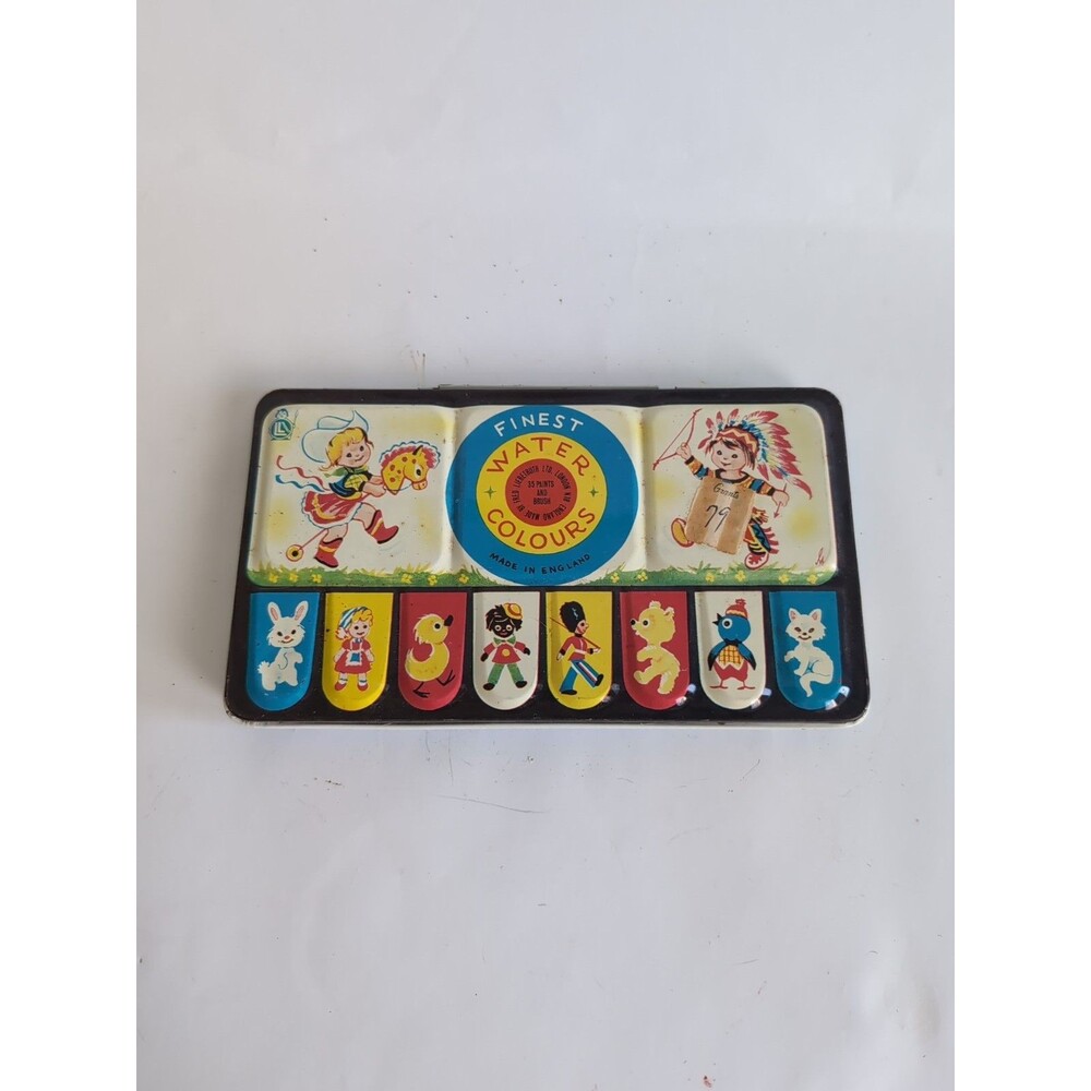 Vtg Child Paint Tin Box Liebetruth England Indian Cowgirl Litho
